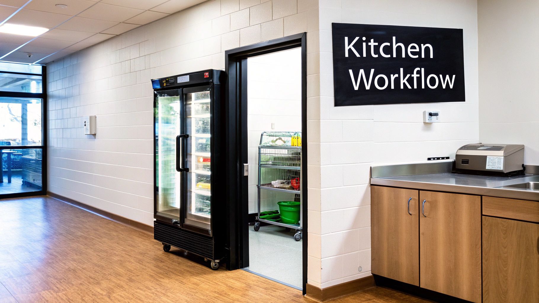 Hallway featuring a commercial glass-door freezer, an open kitchen door, and a 'Kitchen Workflow' sign.