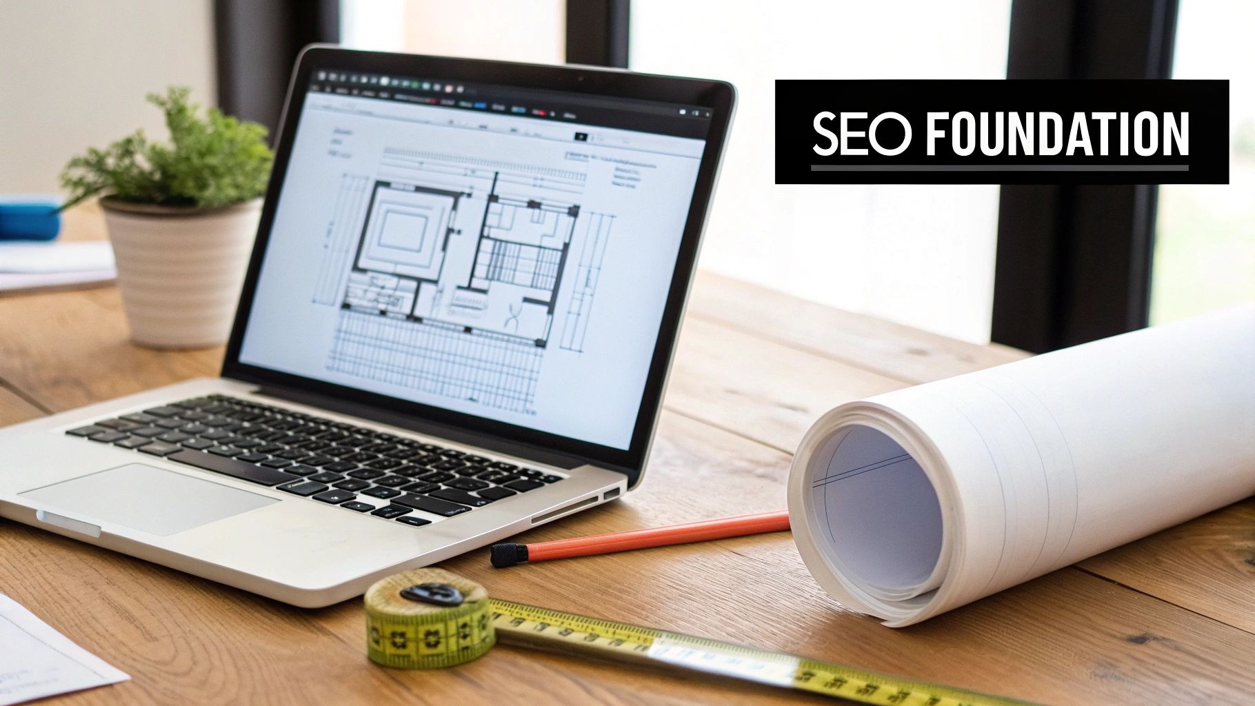 A laptop displaying architectural plans on a wooden desk with measuring tape, pencil, and rolled blueprints.