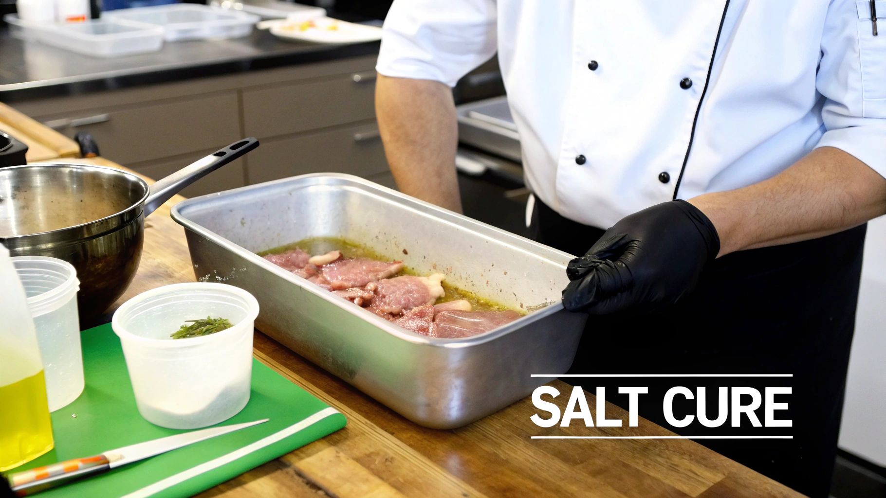 A chef wearing black gloves holds a metal pan with raw meat marinating in a liquid on a kitchen counter.