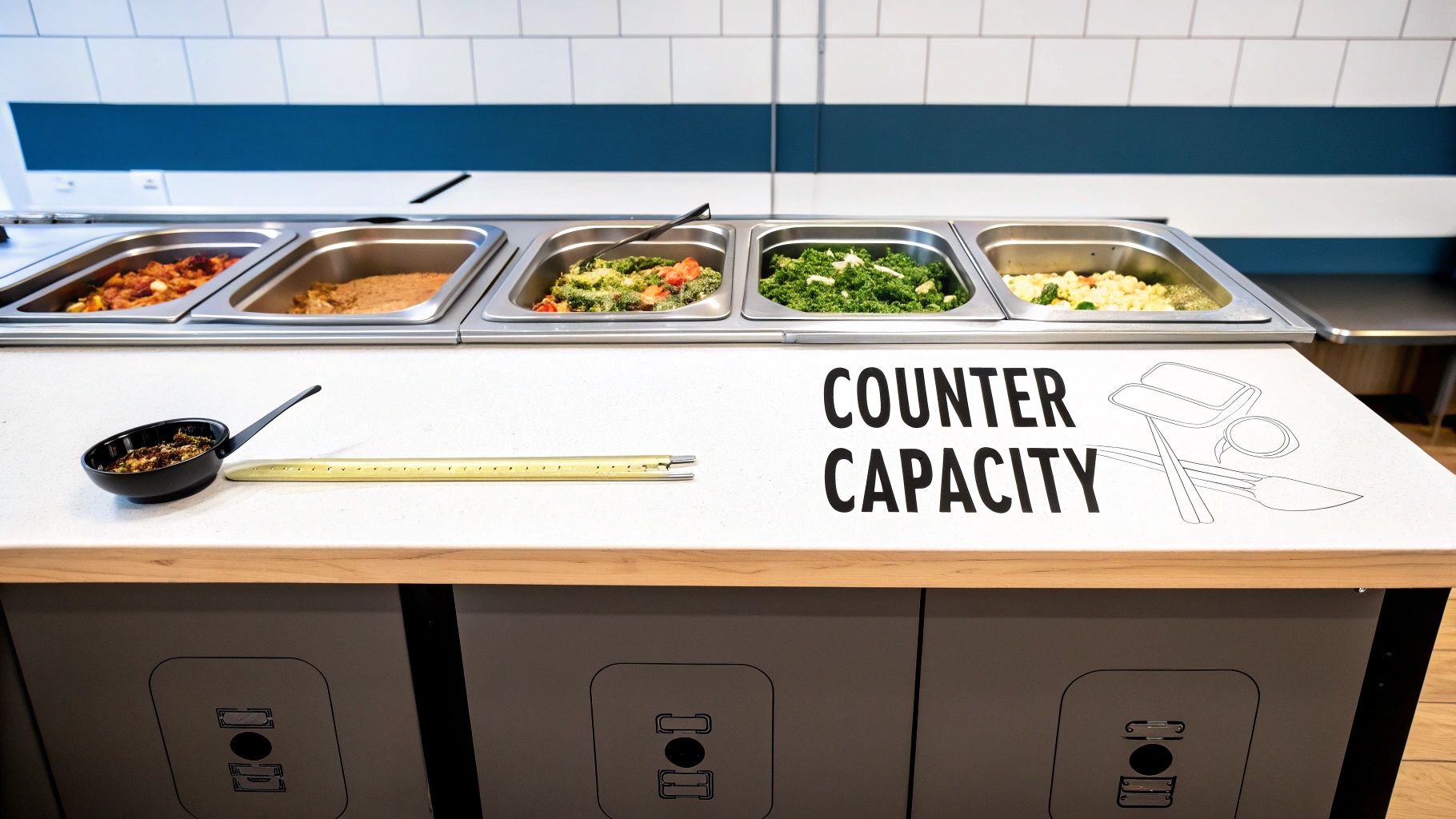 A self-service hot food counter displaying various dishes in metal pans, with a topping bowl and cutlery.