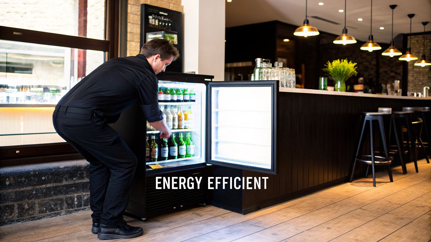 A modern, energy-efficient back bar cooler with glass doors displaying beverages under LED lights.
