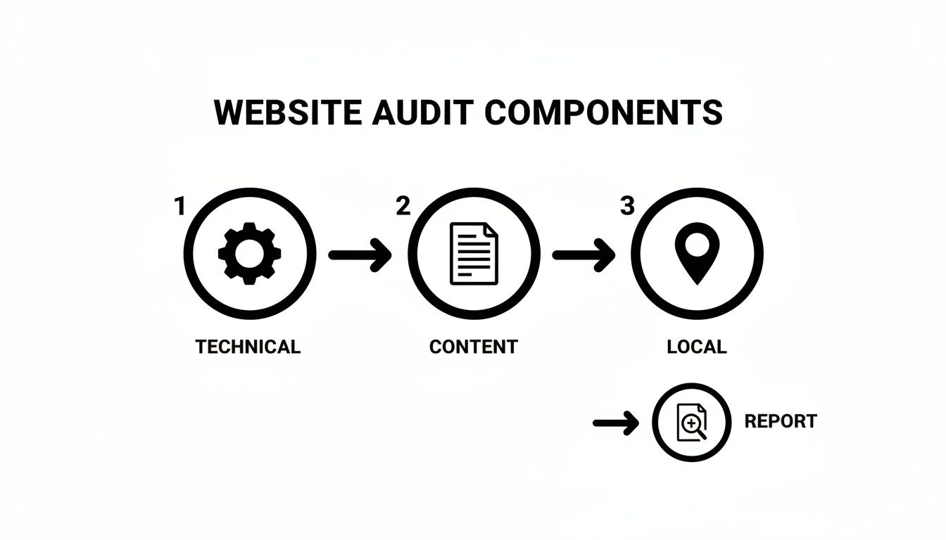 A flowchart illustrating the essential components of a website audit: Technical, Content, Local, and Report.