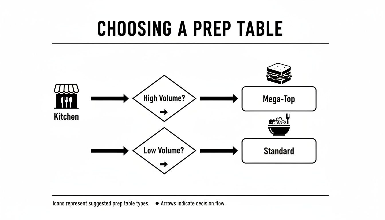Flowchart guiding the choice of kitchen prep tables based on high or low volume needs, showing Mega-Top or Standard options.