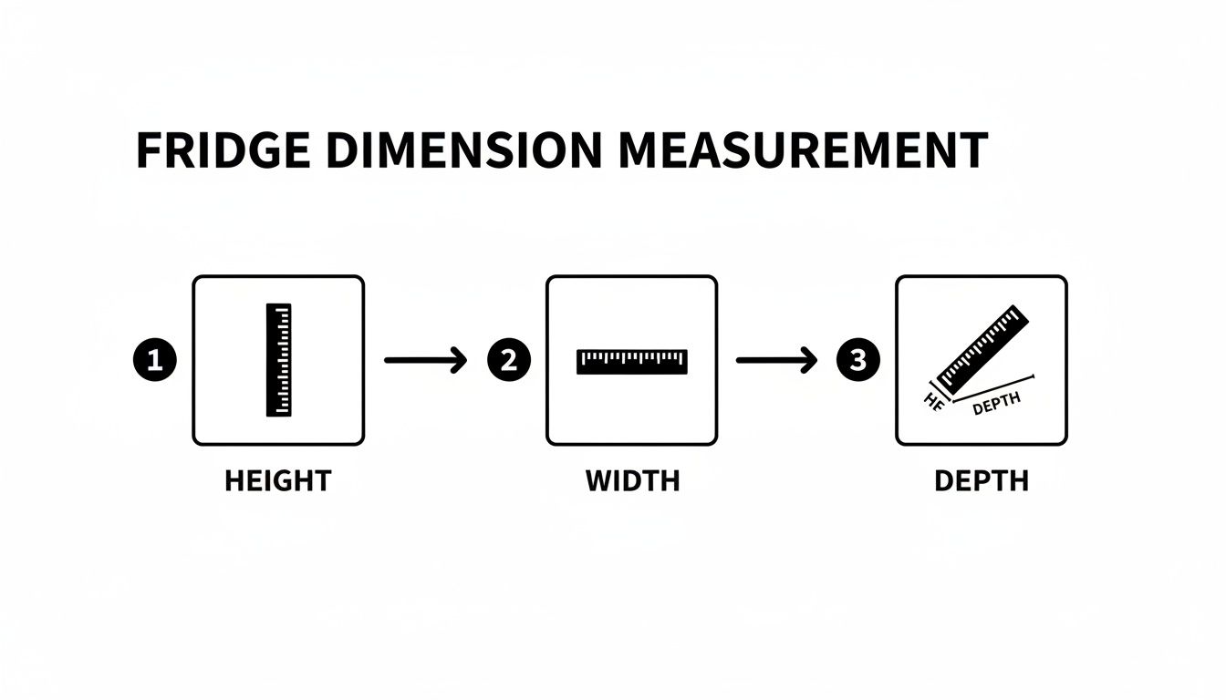 A step-by-step visual guide showing how to measure fridge dimensions for height, width, and depth.
