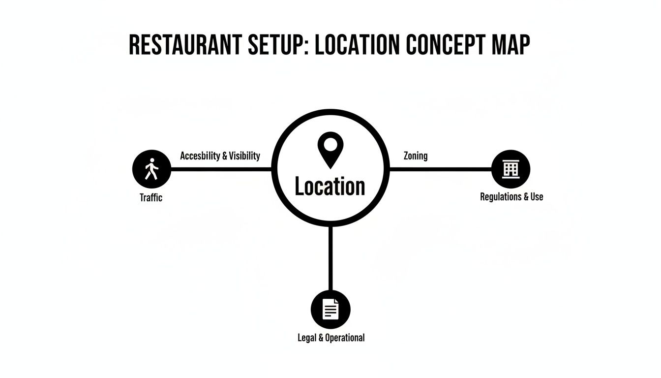 Concept map illustrating key factors for restaurant location setup: traffic, regulations, legal, and operational aspects.