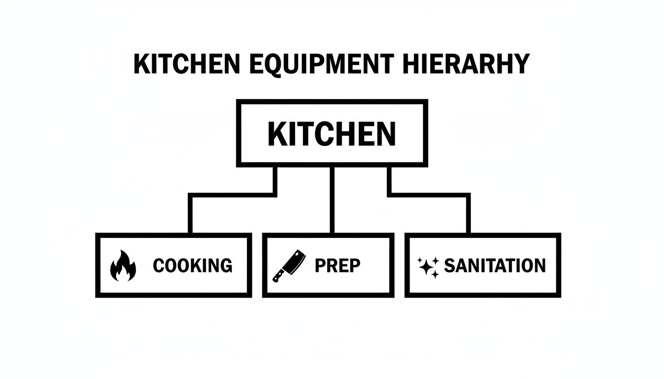 A hierarchy diagram illustrating kitchen equipment categories: Cooking, Prep, and Sanitation.