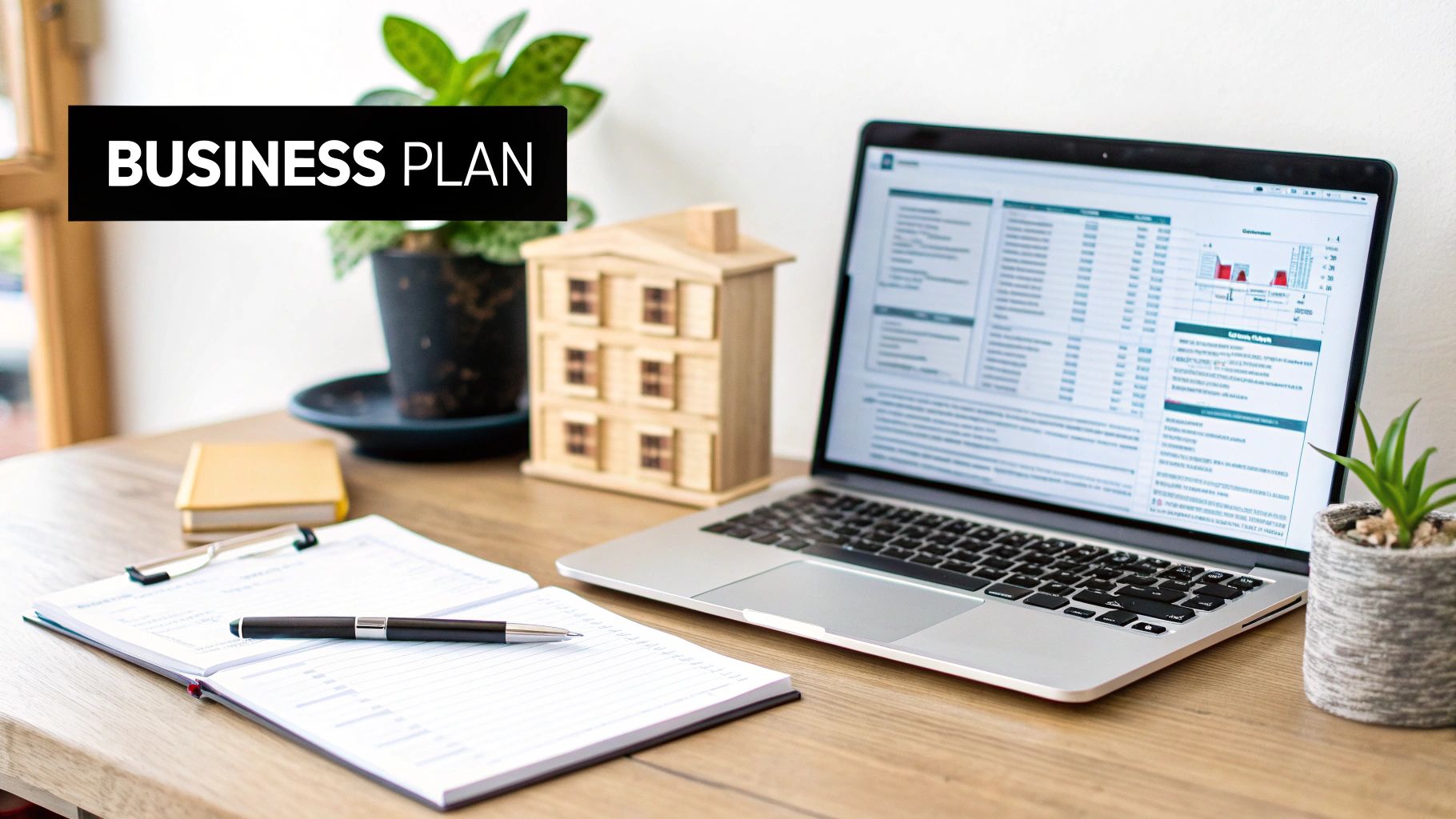 A business plan concept with a laptop displaying charts, notebook, pen, and a miniature house on a wooden desk.