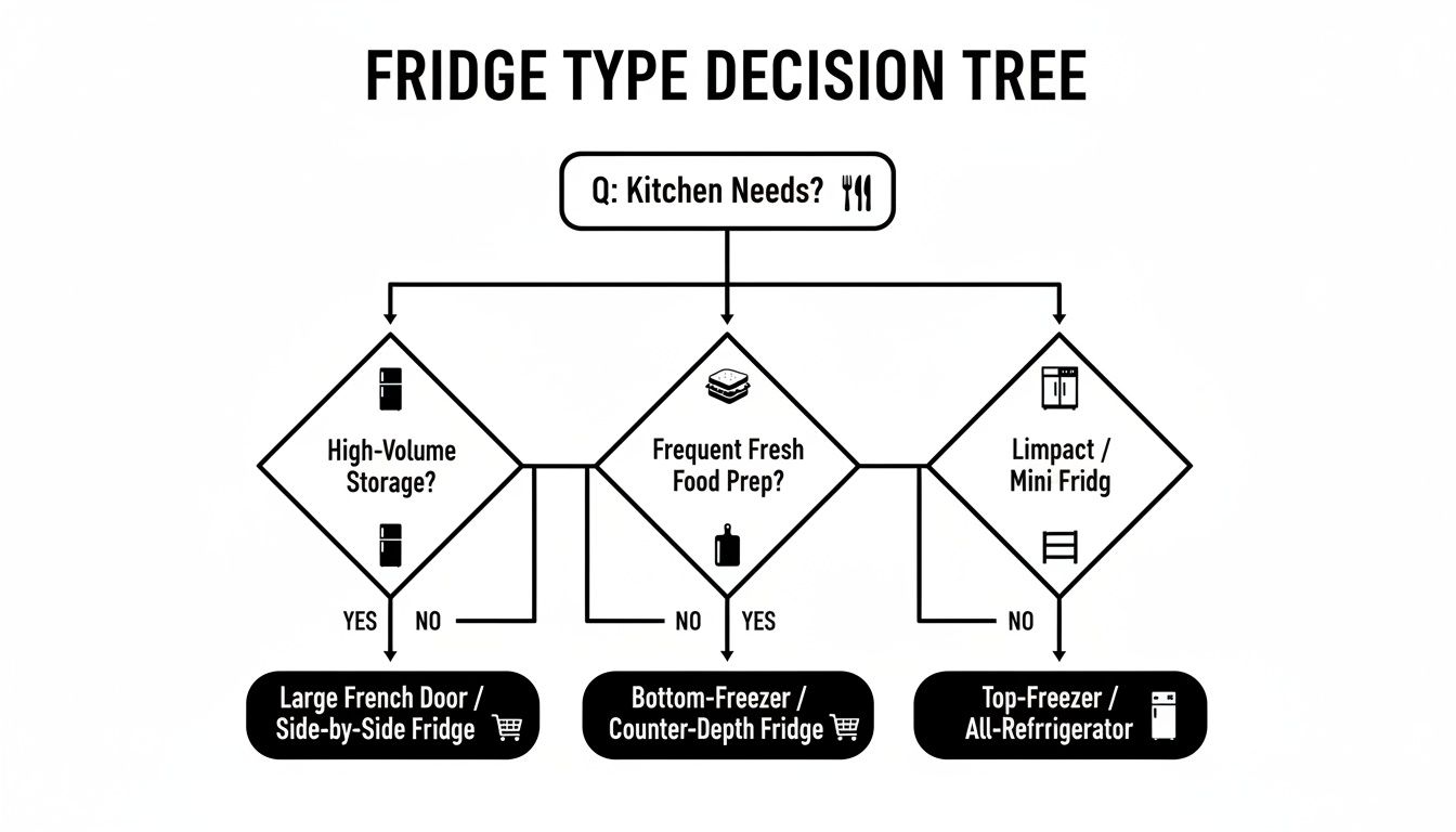 A fridge type decision tree flowchart, guiding selection based on storage, food prep, and size.