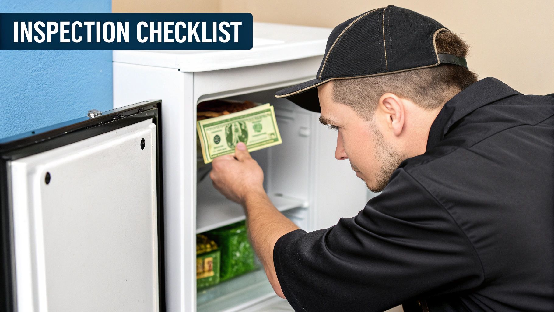 A technician inspecting the compressor of a used commercial freezer with a flashlight.