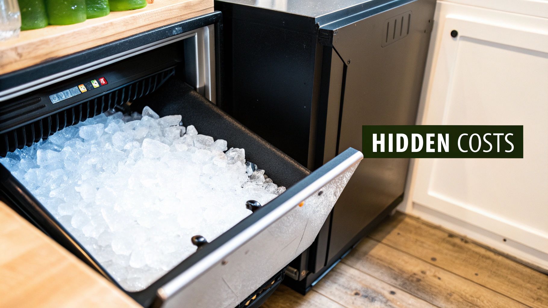 An under-counter ice maker with its door open, revealing a full bin of fresh, clear ice.