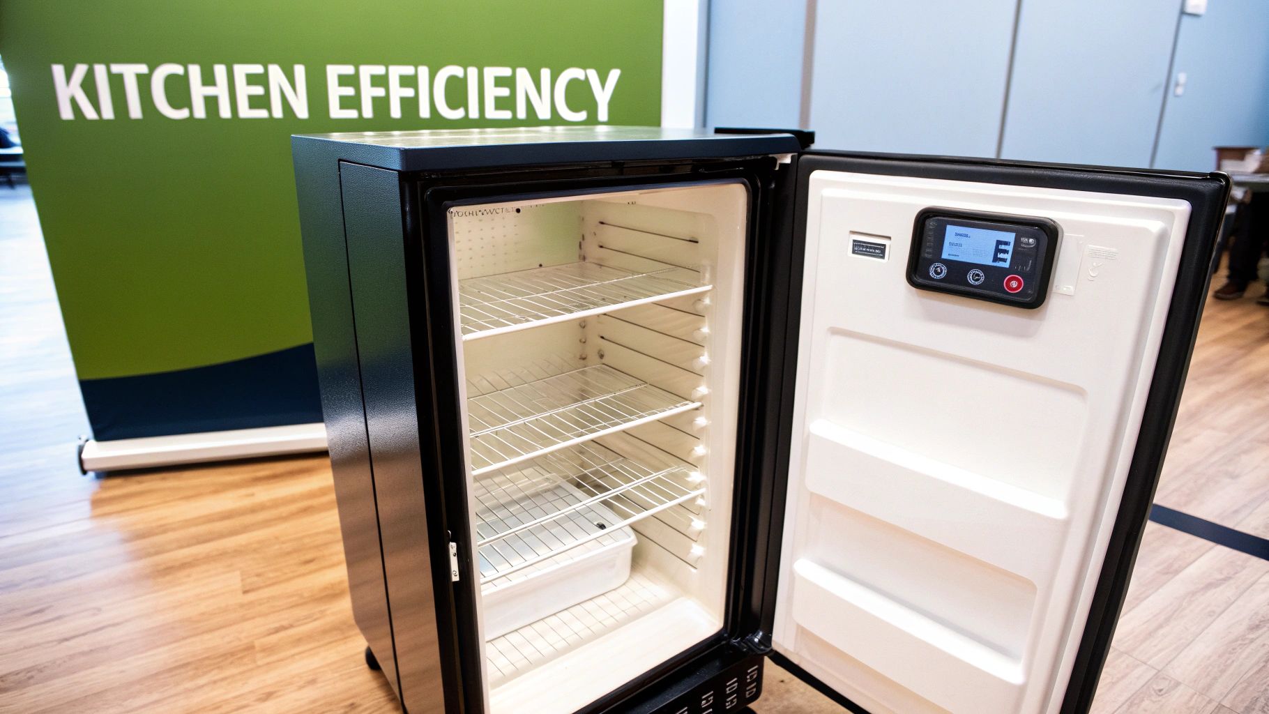 An open, empty black commercial freezer with multiple wire shelves and a digital control panel on the door.