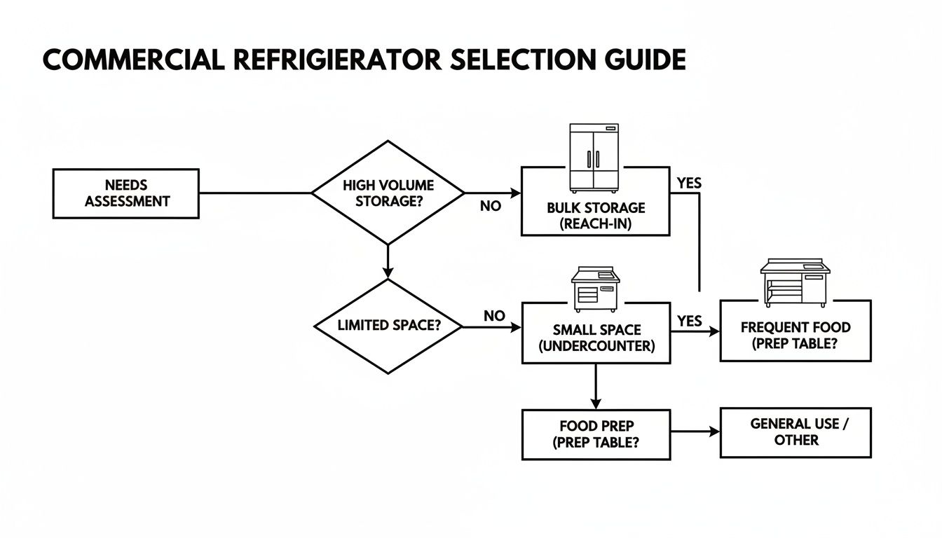 A flowchart guides commercial refrigerator selection based on storage needs, space, and food preparation.