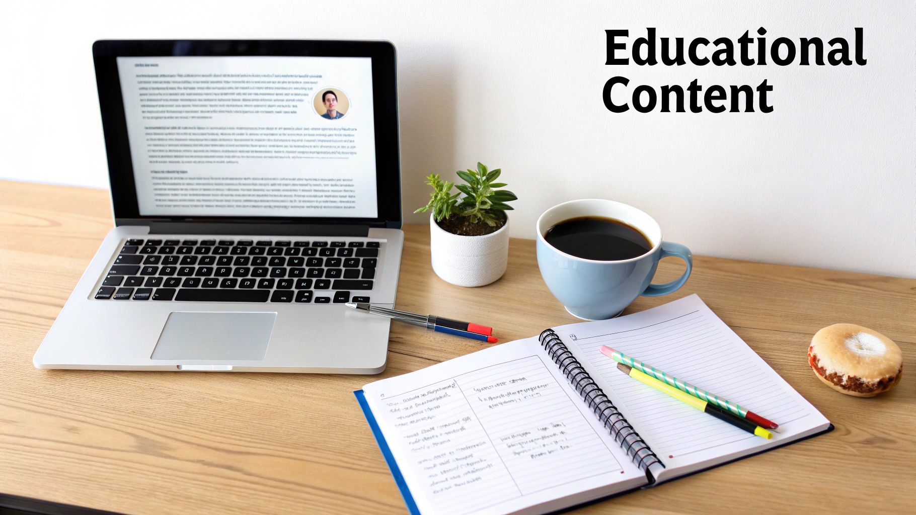 A professional desk setup with a laptop displaying educational content, coffee, a notebook, and pens.