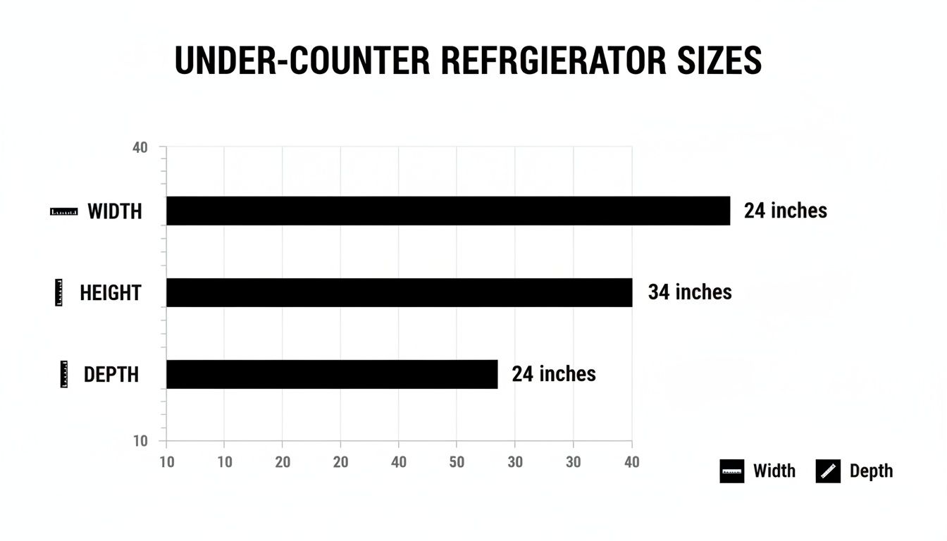 Horizontal bar chart detailing standard under-counter refrigerator dimensions: width (24 inches), height (34 inches), and depth (24 inches).