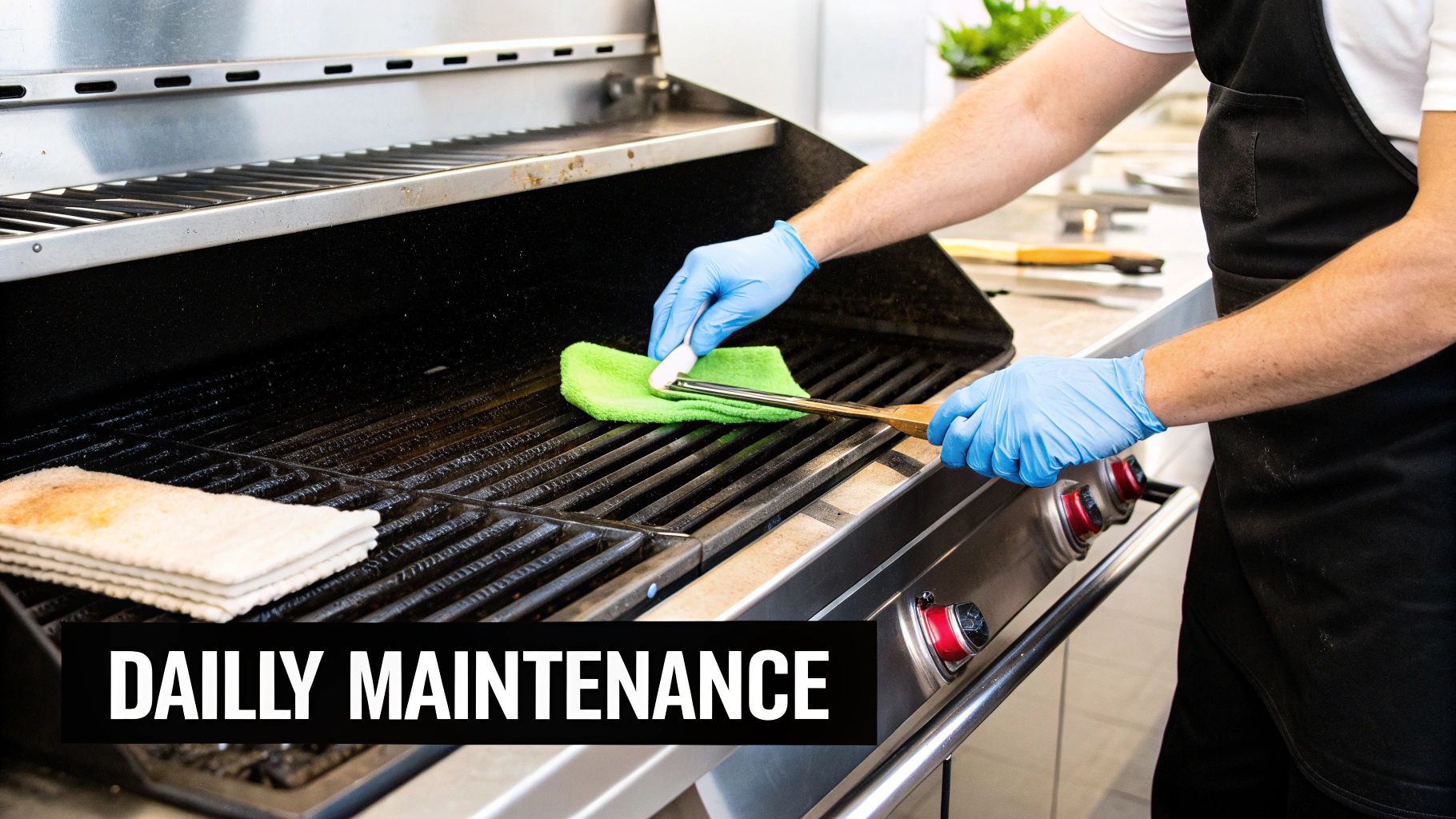 A person wearing blue gloves cleans a commercial grill's grates with a green cloth and tongs.