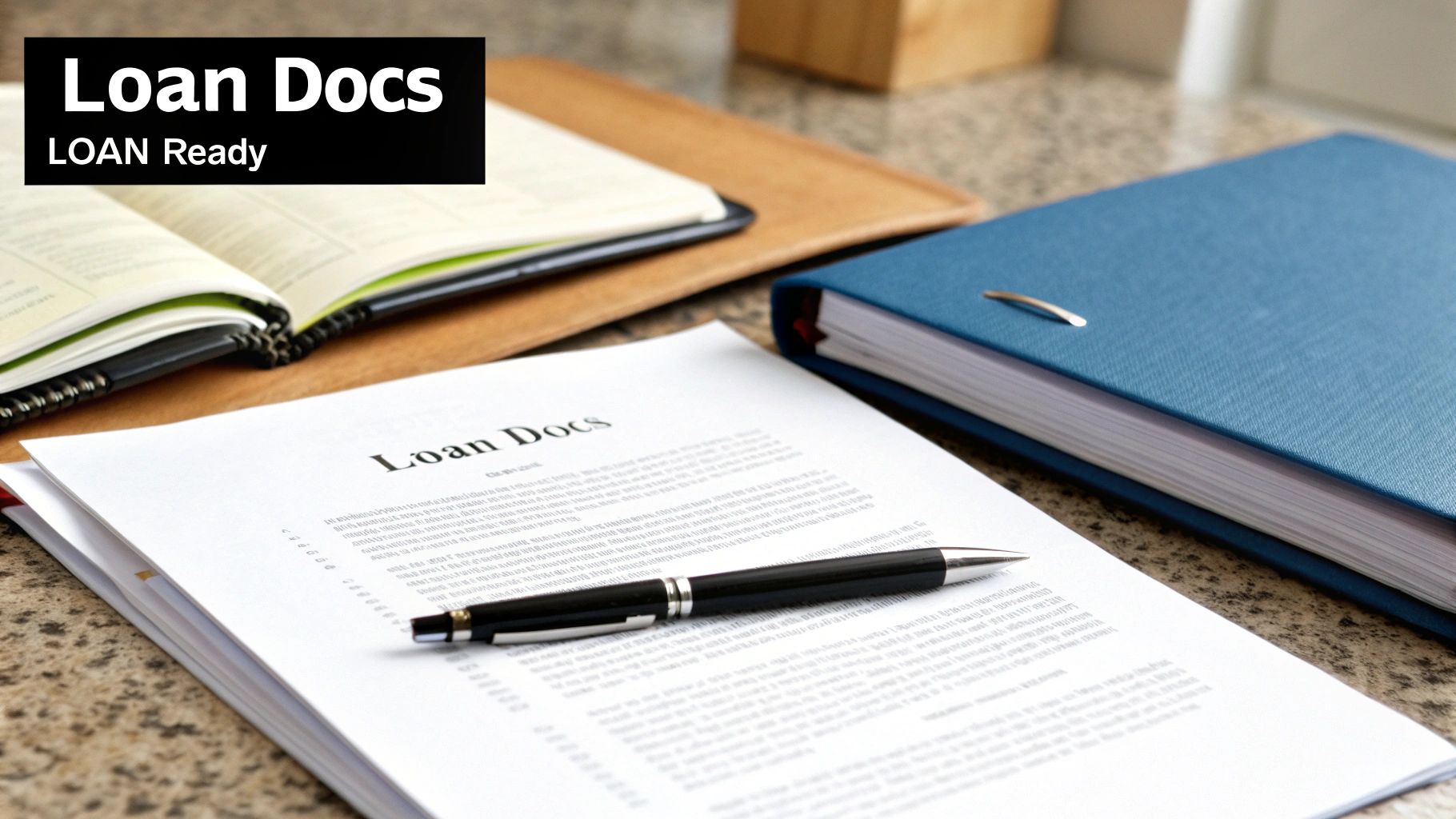 A professional image showcasing loan documents, a pen, and binders on a desk, ready for financial processes.