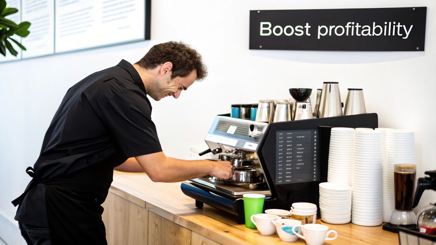 A smiling barista prepares coffee on an espresso machine in a modern coffee shop with a "Boost profitability" sign.