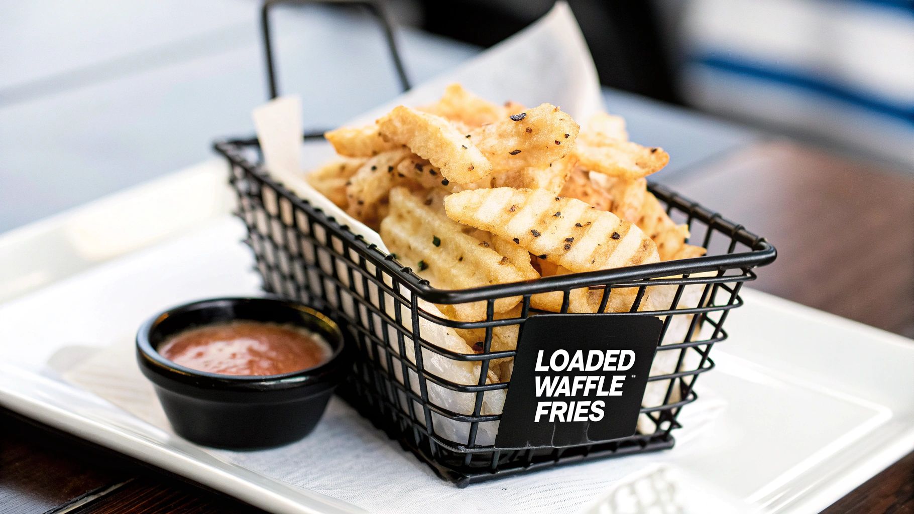 Golden loaded waffle fries in a black metal basket with a small bowl of dipping sauce.
