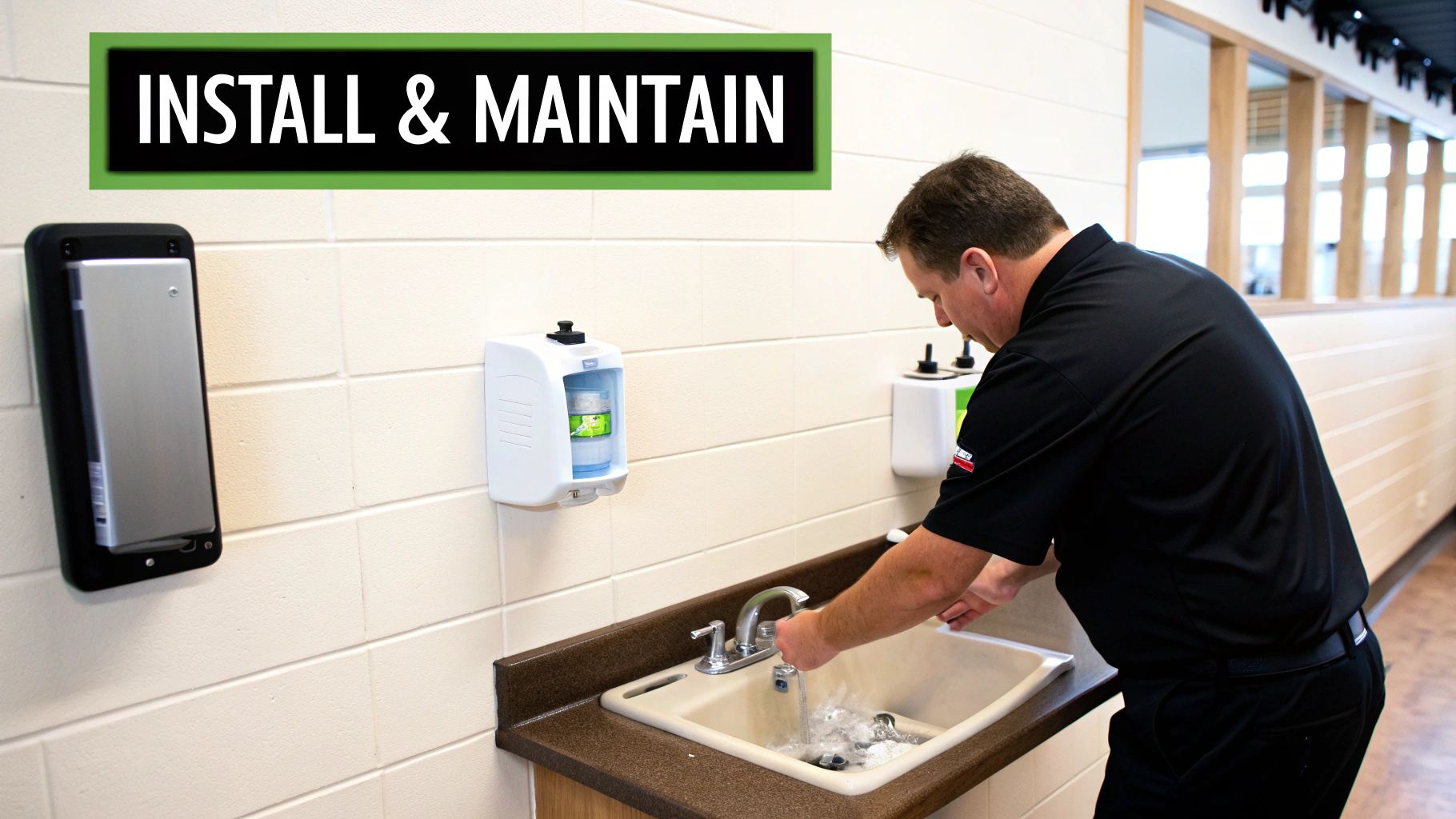A man in a black polo shirt washes his hands at a commercial sink with wall-mounted dispensers. A sign reads 'INSTALL & MAINTAIN'.