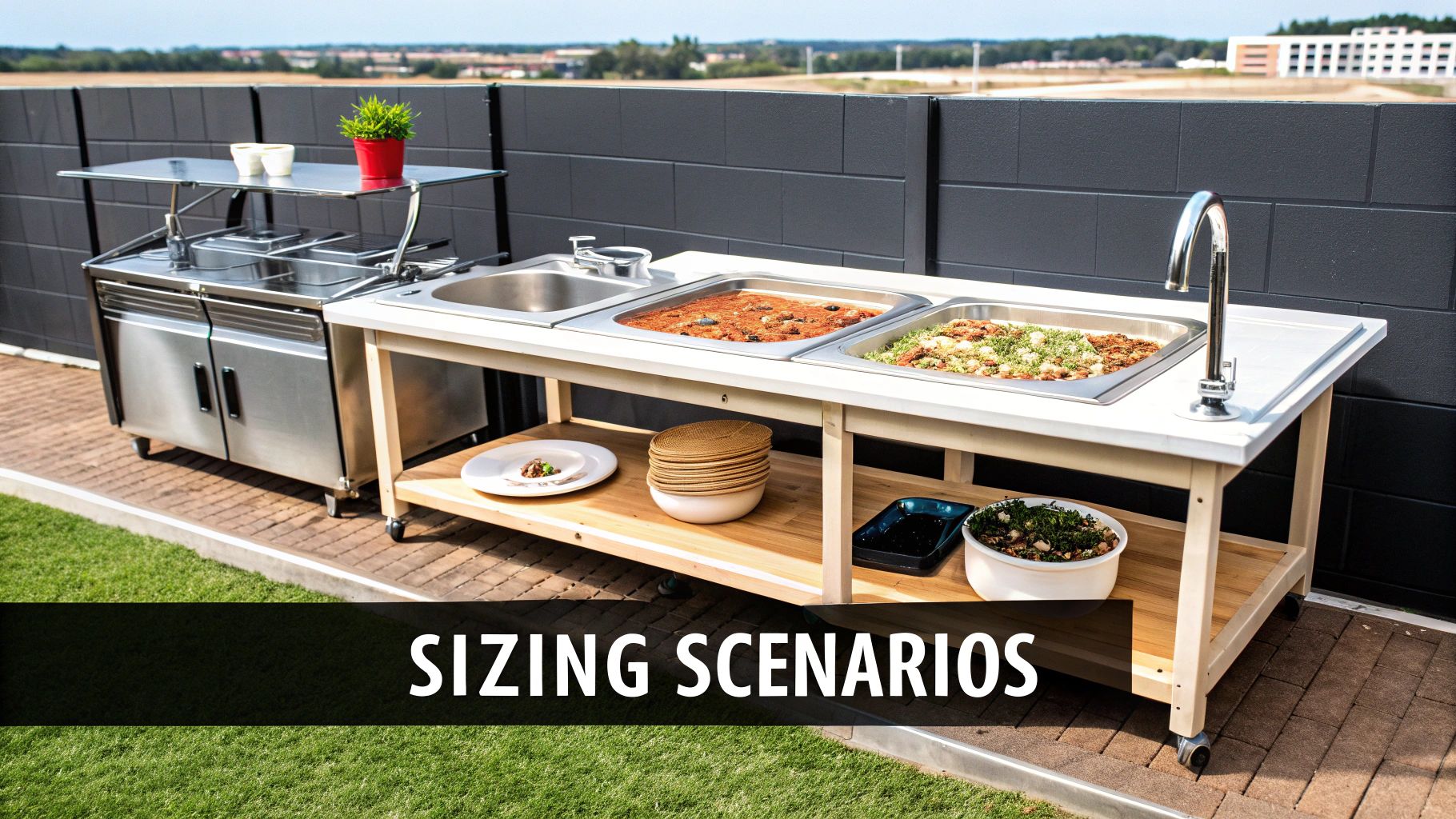 Portable outdoor food service equipment with hot and cold sections for event catering.