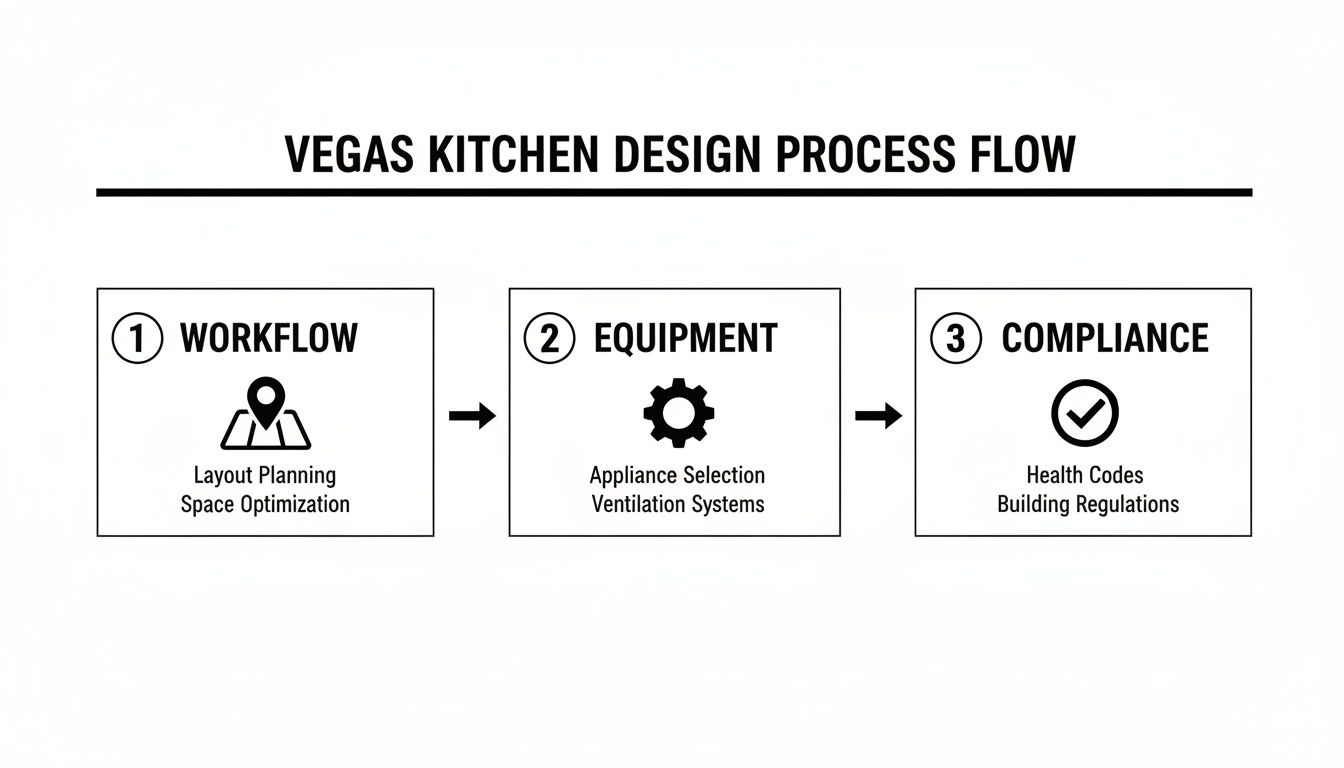 Vegas Kitchen Design Process Flow diagram outlining steps for workflow, equipment, and compliance.