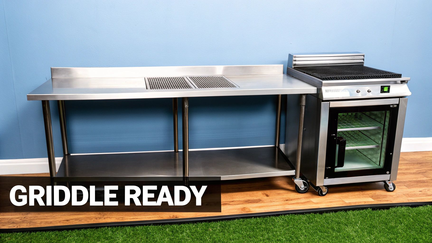 A stainless steel commercial kitchen work table with a drainage system, alongside a griddle and refrigerated cabinet.