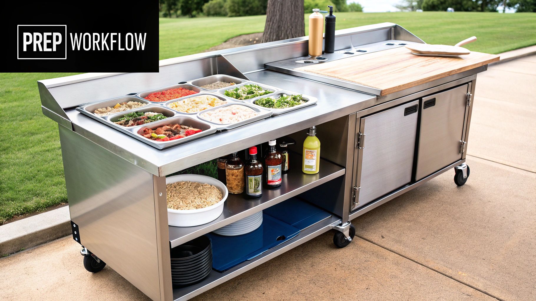 A stainless steel pizza prep table inside a food truck, showing refrigerated topping wells and a large cutting board.