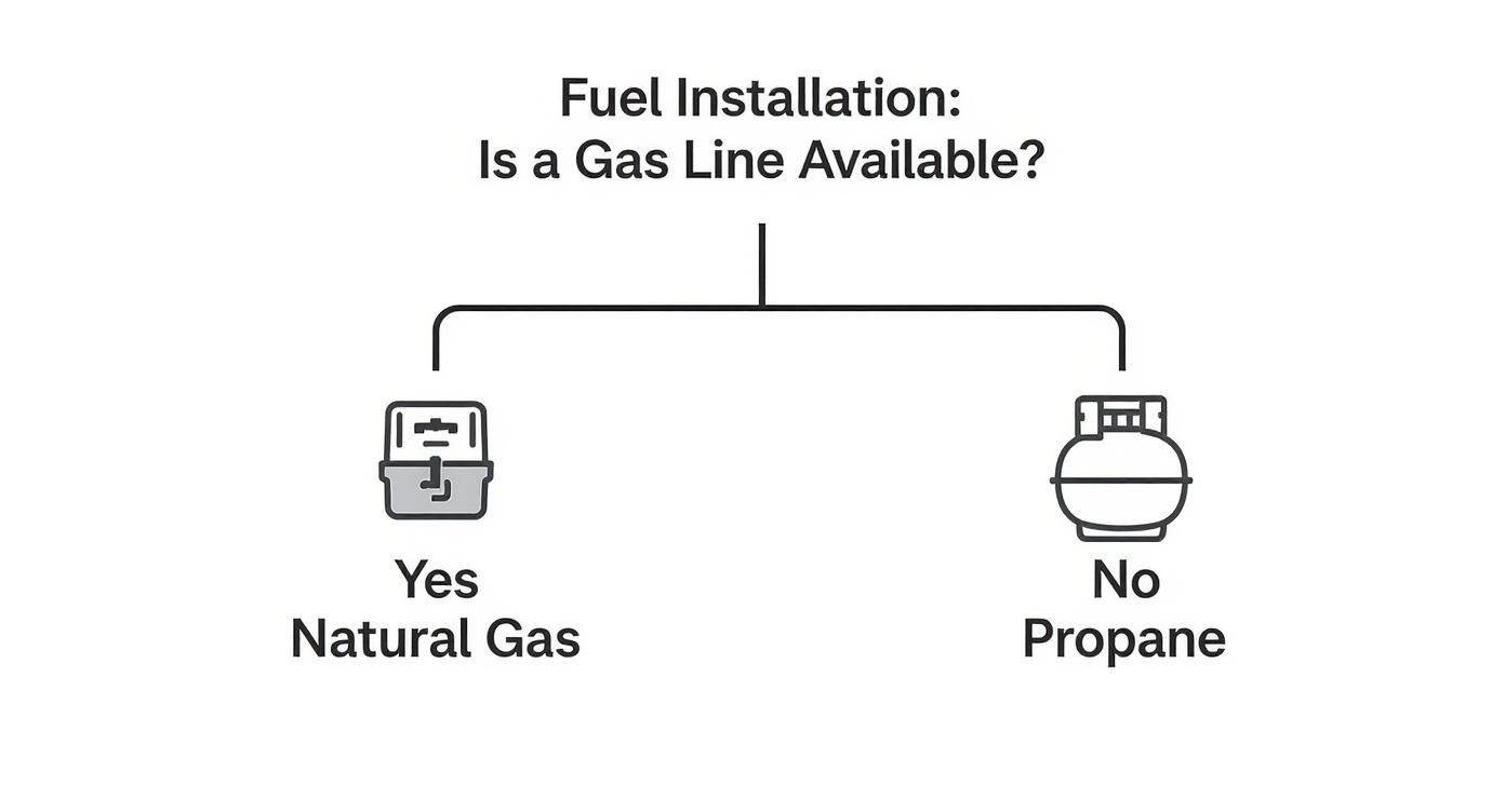 Infographic decision tree showing that if a gas line is available, natural gas is the choice, and if not, propane is the choice.