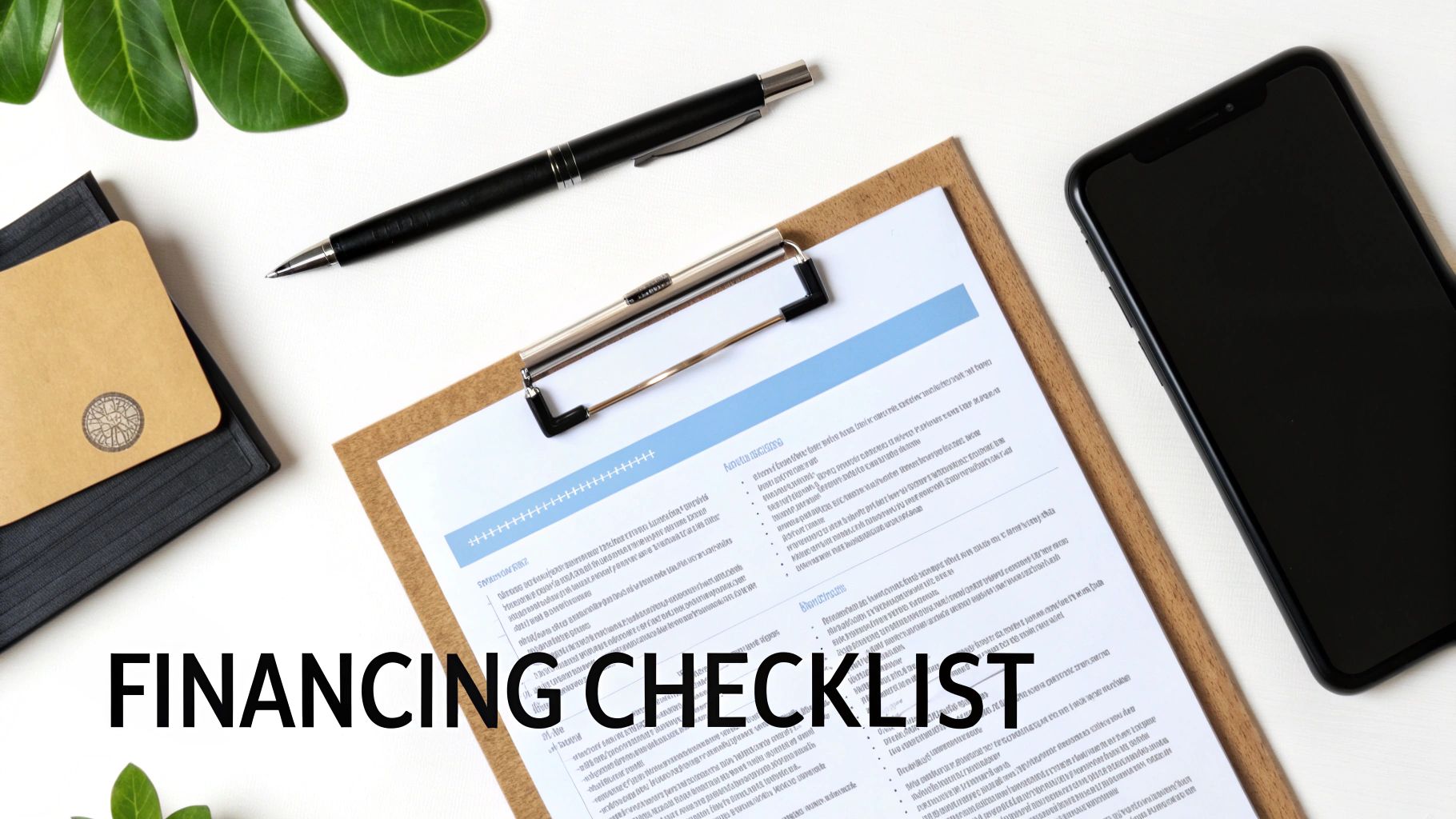 A financing checklist document on a clipboard, with a pen, phone, and notebook on a white desk.