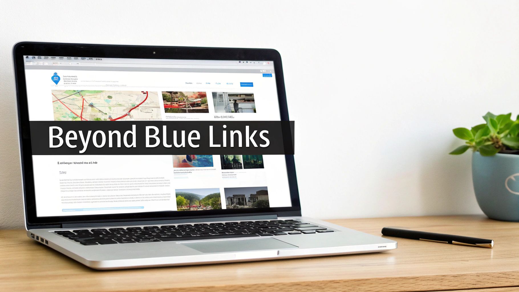 A laptop on a wooden desk displays a webpage with 'Beyond Blue Links' text. A plant and pen are nearby.