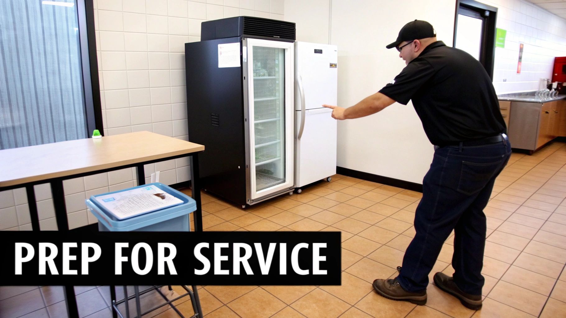 A man in a black shirt and cap points at two commercial refrigerators in a kitchen prep area.