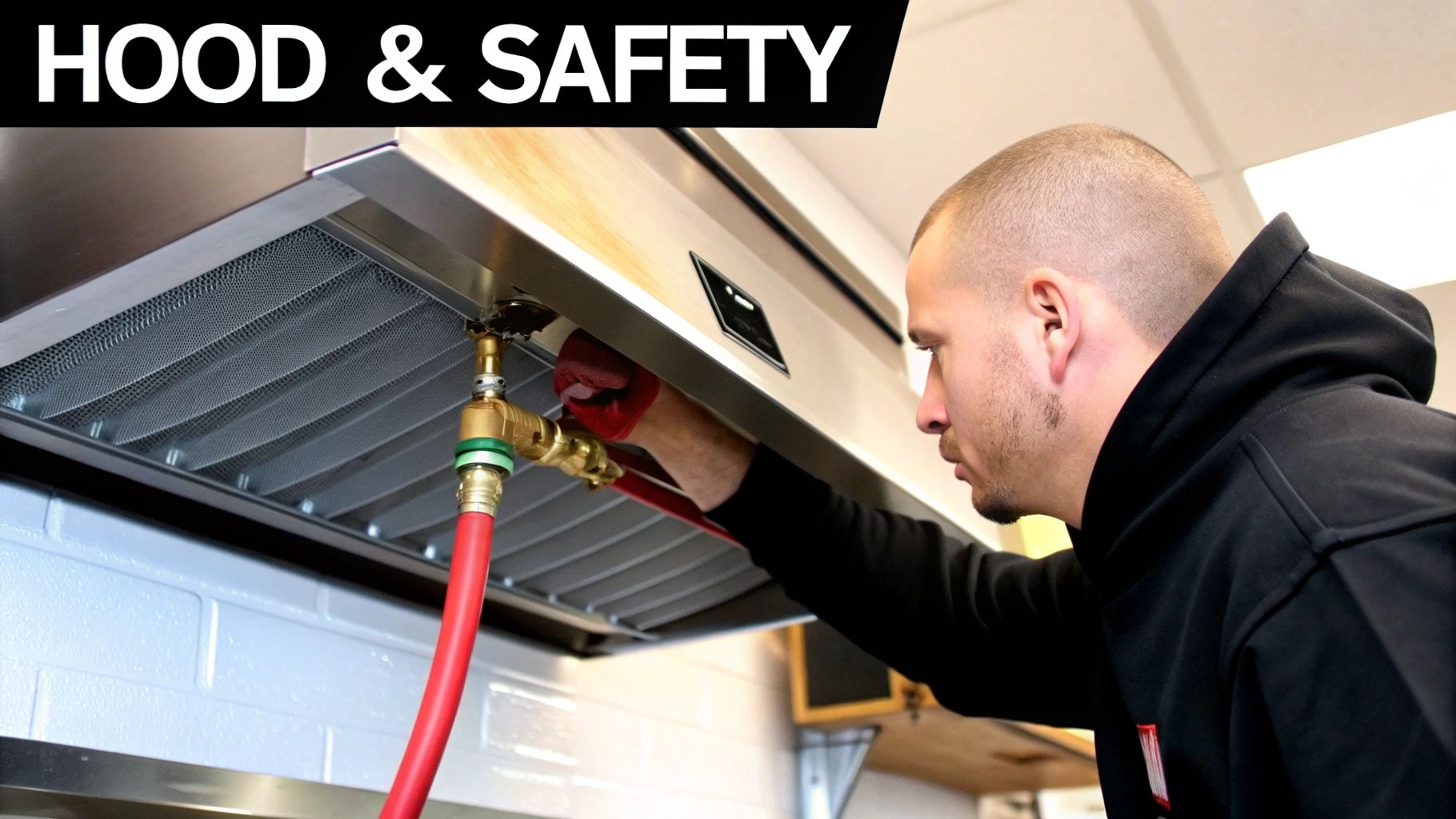 A man in a red glove performs maintenance on a commercial kitchen hood, connected to a red hose.