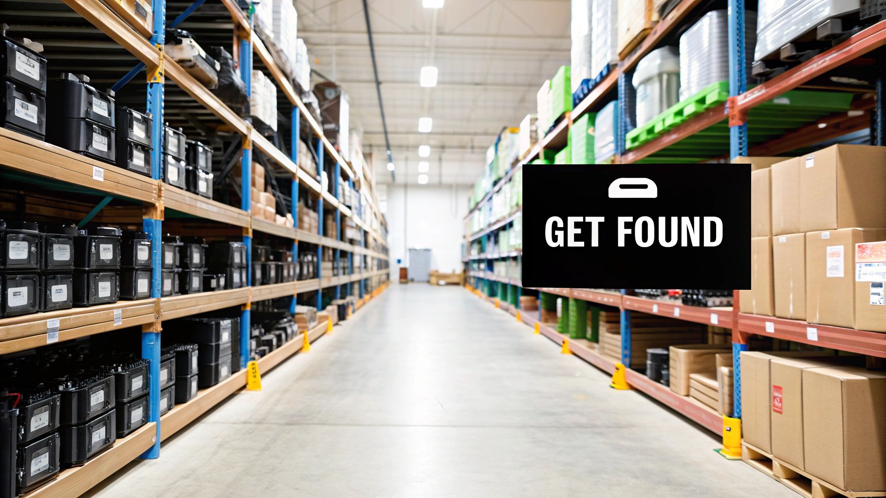 Modern warehouse interior with organized shelving systems and get found signage for business visibility