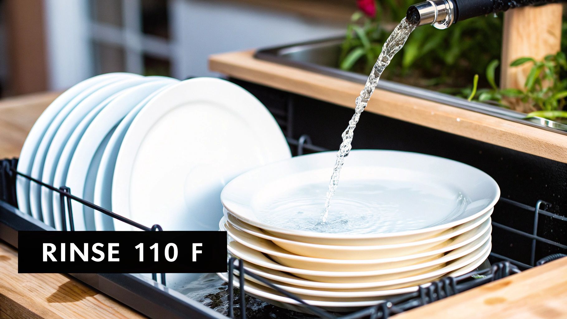 Plates being rinsed with water from a faucet in a dish rack, with a 'RINSE 110 F' label.