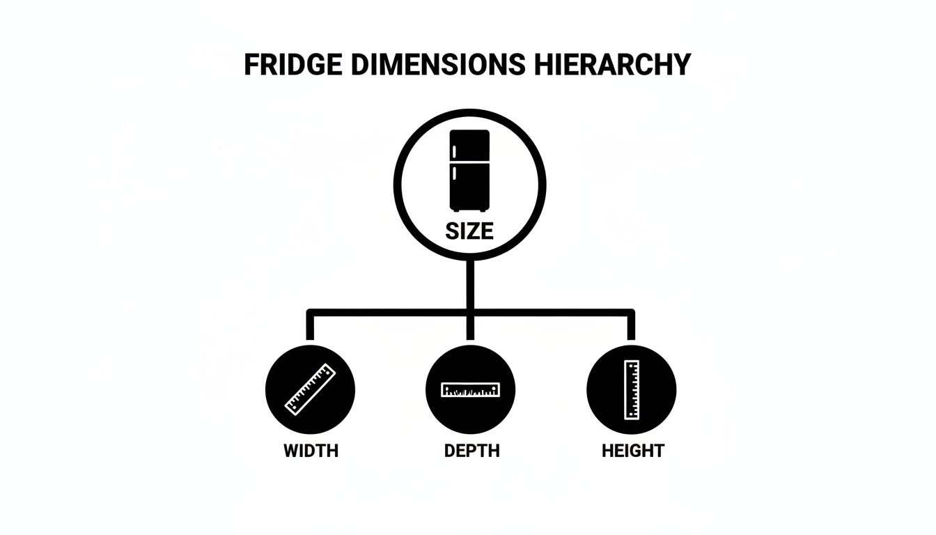 A diagram illustrating the hierarchy of fridge dimensions, breaking down size into width, depth, and height.