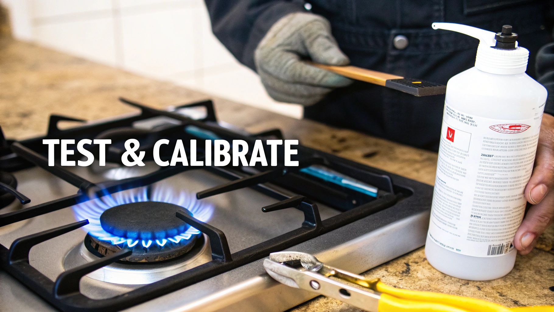 A gloved hand holds a liquid bottle next to a lit gas stove burner for testing and calibration.