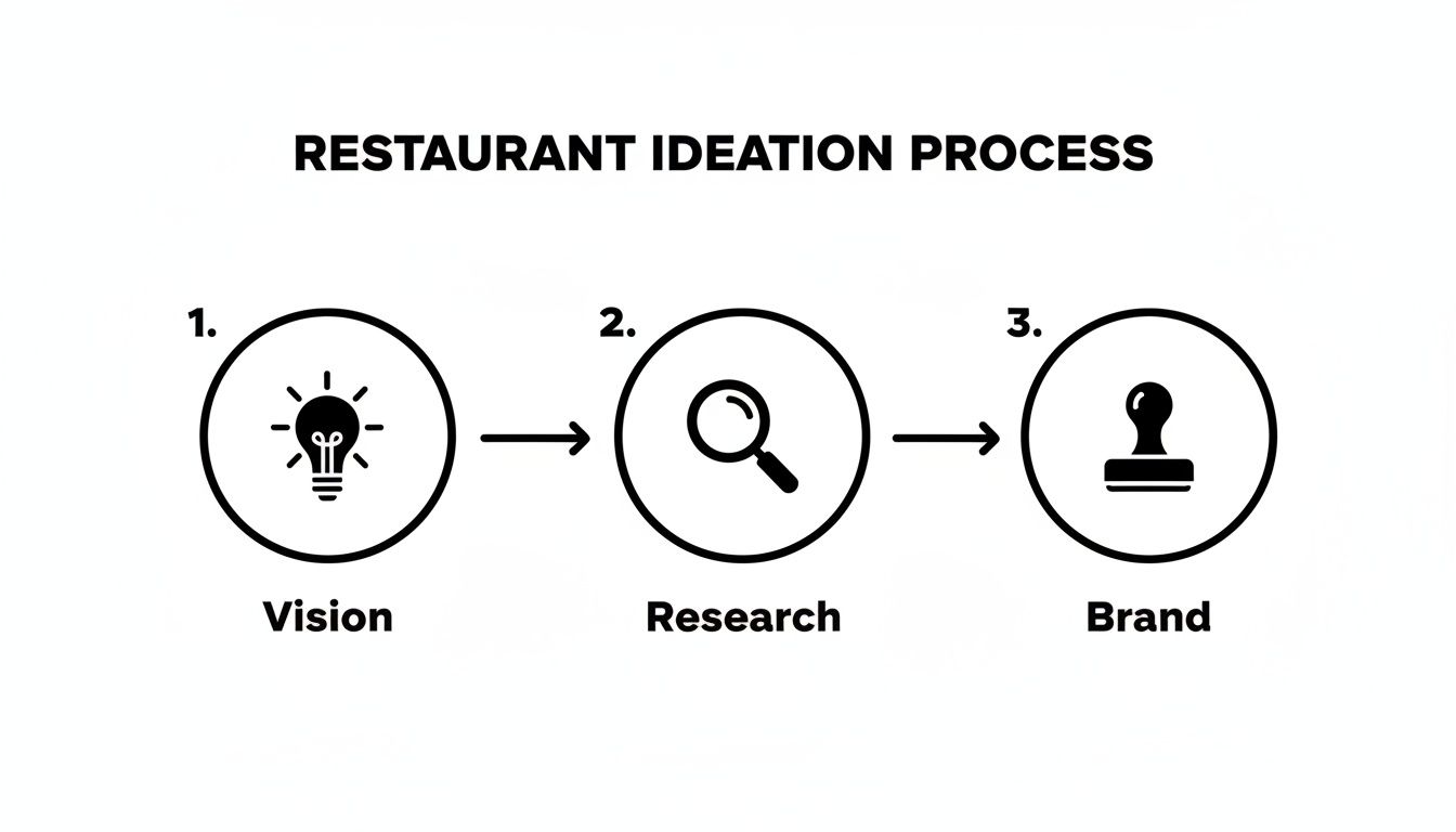 Diagram illustrating the three-step restaurant ideation process: Vision, Research, and Brand, with icons.