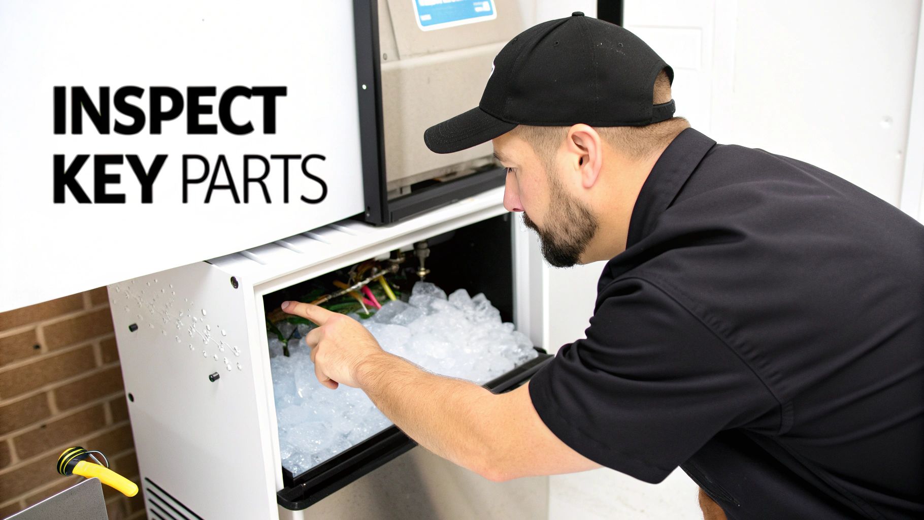 A service technician inspects the interior of a commercial ice machine filled with fresh ice, pointing at components.