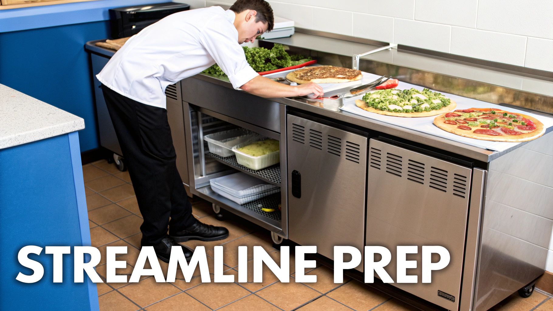 A chef prepares pizzas on a commercial undercounter prep station, streamlining food preparation.