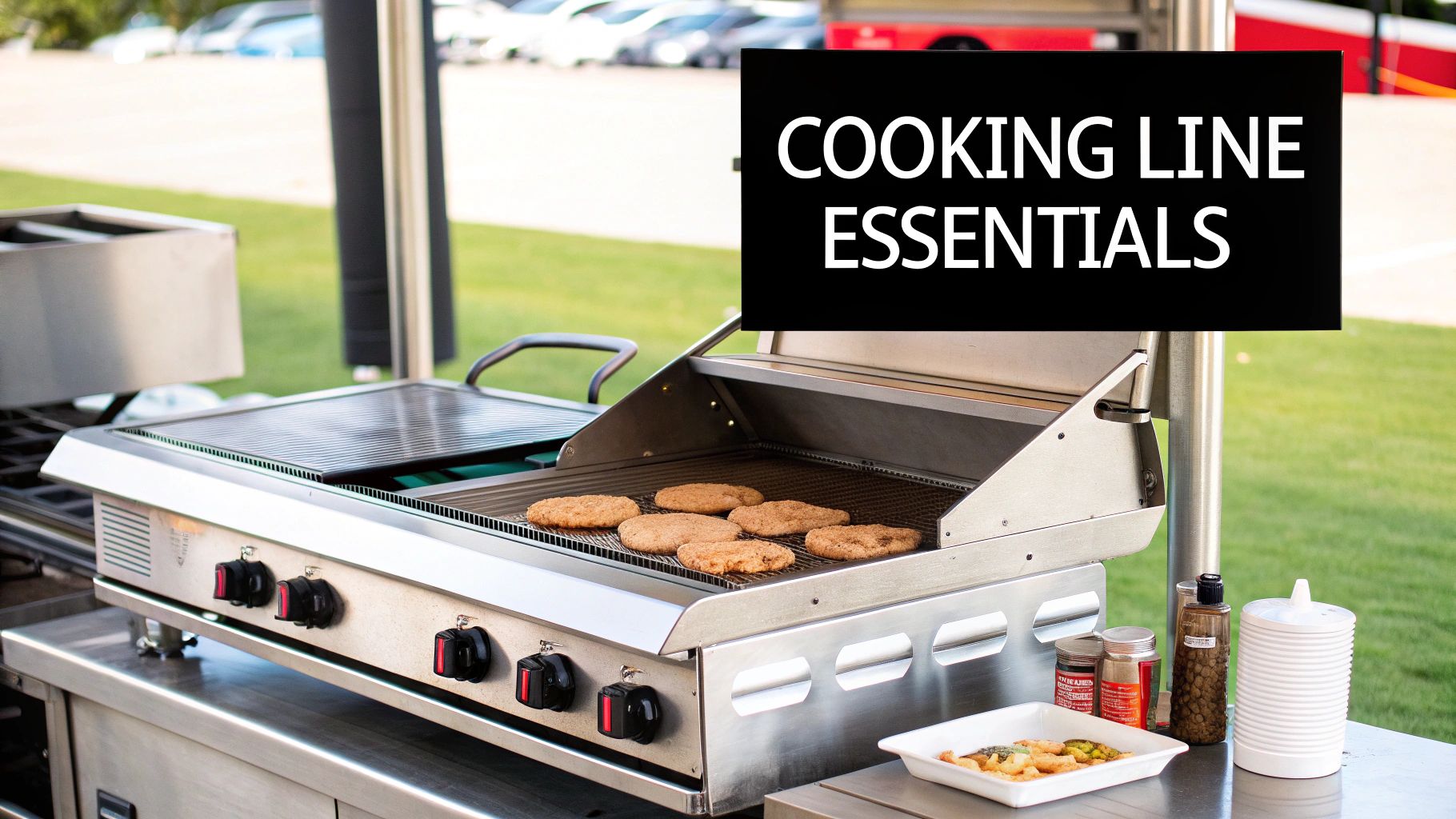 Professional stainless steel grill cooking burger patties outdoors, with cooking essentials and side dishes.