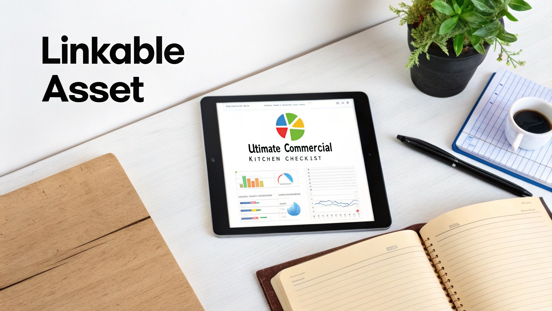 A person writing content on a laptop with charts and graphs in the background, representing content creation for SEO.