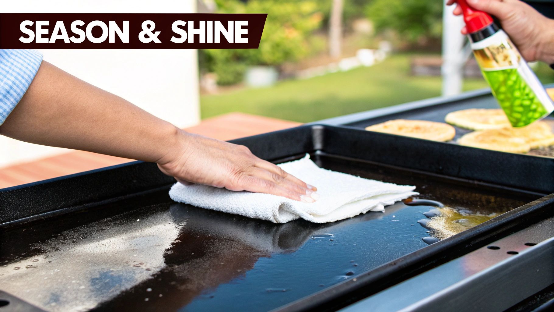 A person using a scraper to clean a commercial flat top griddle in a professional kitchen setting
