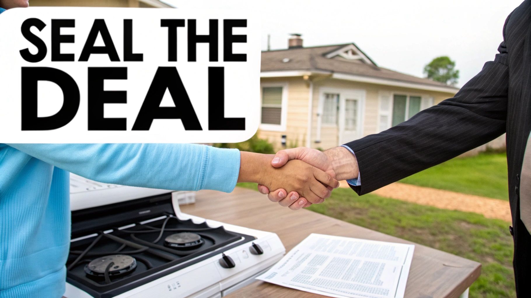 Two people shake hands over a document and gas range, with a house in the background, sealing a deal.