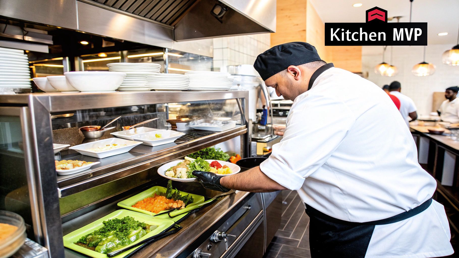 A chef placing a tray of food into a stainless steel hot holding cabinet in a commercial kitchen.