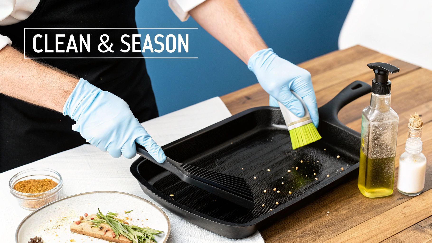 A person seasoning a clean commercial griddle surface with oil.