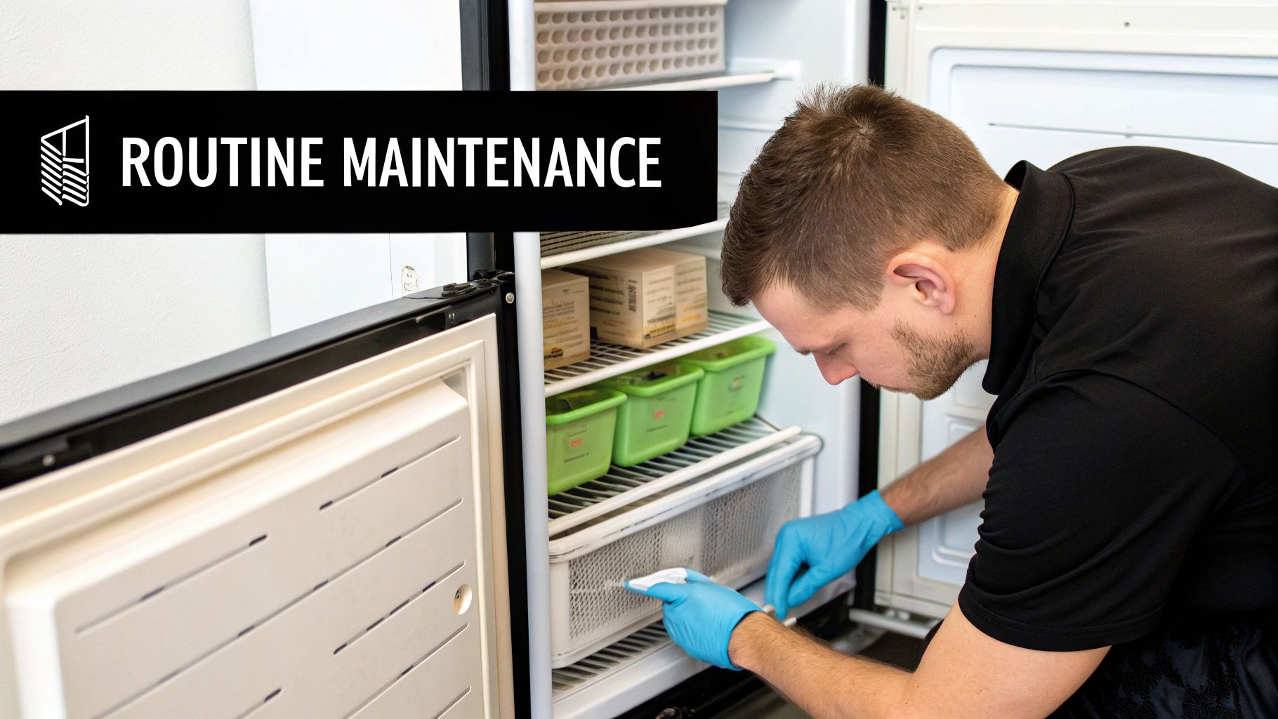 A technician in blue gloves performs routine maintenance inside an open commercial freezer.