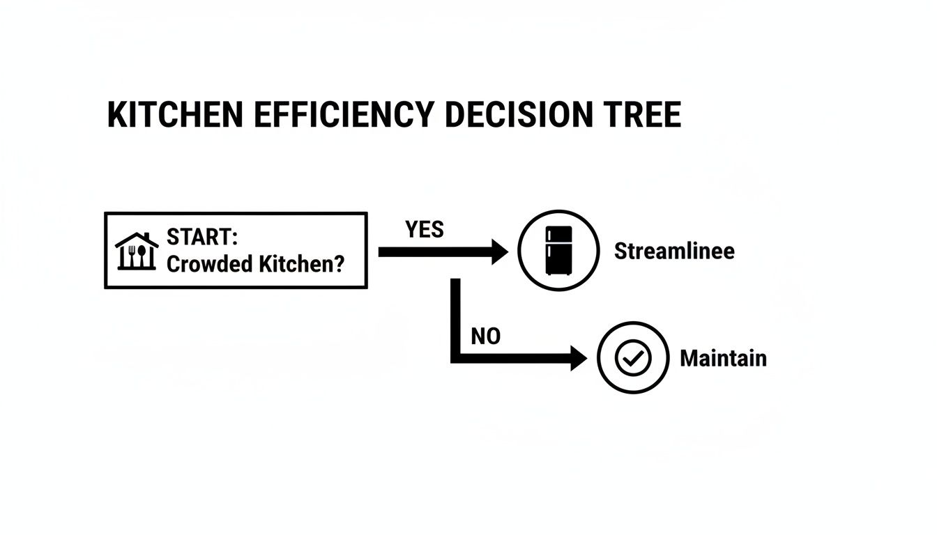 A kitchen efficiency decision tree flowchart: if crowded, streamline; otherwise, maintain.