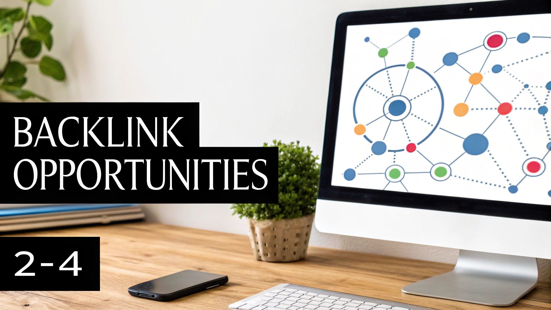Desk with monitor displaying a network diagram, text 'BACKLINK OPPORTUNITIES' and '2-4' for SEO.