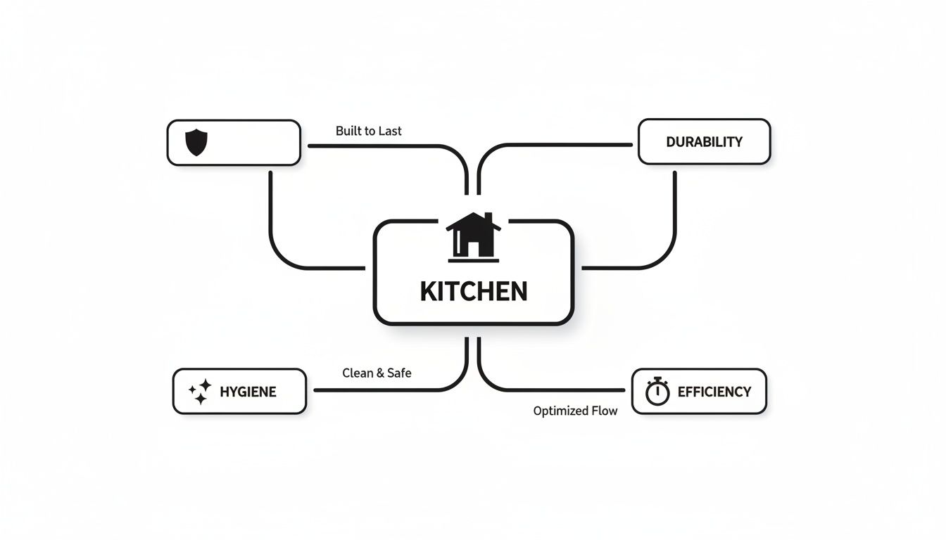 Mind map showing kitchen features: durability, hygiene, and efficiency, with associated benefits.