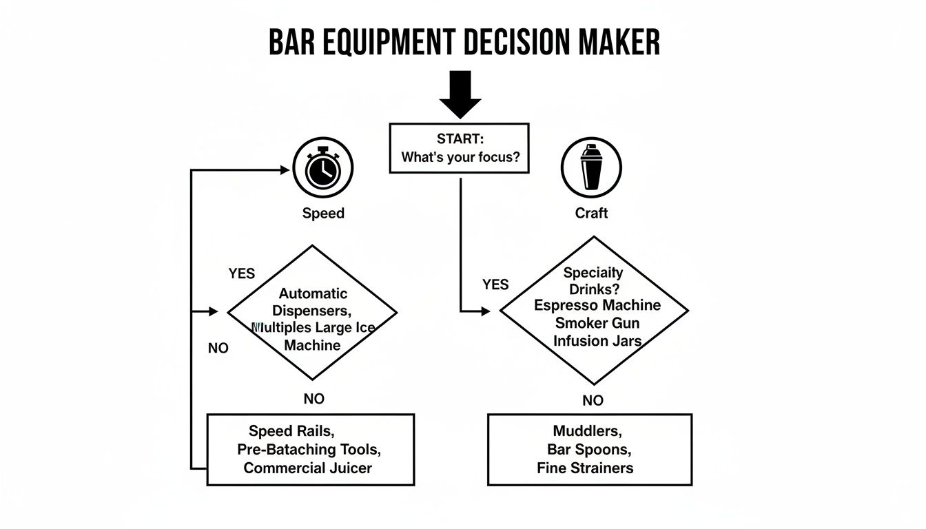 Flowchart for bar equipment decision-making, guiding choices based on speed or craft focus.